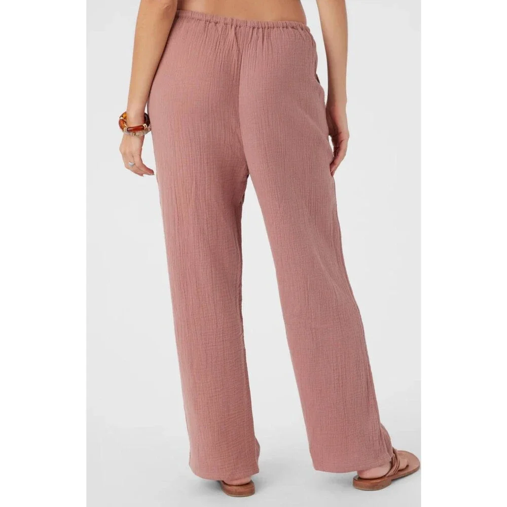 O'Neill Wide-Leg Cropped Pants - Crinkle Cotton, Rosewood Pink Drawstring - Picture 4 of 5